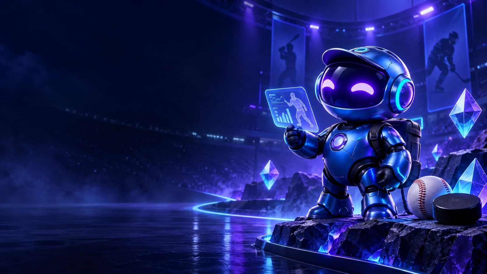 Scout, our blue research companion, in an illustrated sports arena